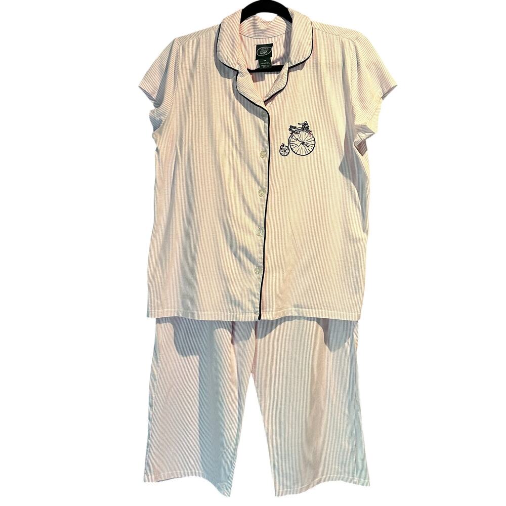 Vintage Laura Ashley Medium Pajama Set Capri Pant Bicycle Embroidery Pink Stripe